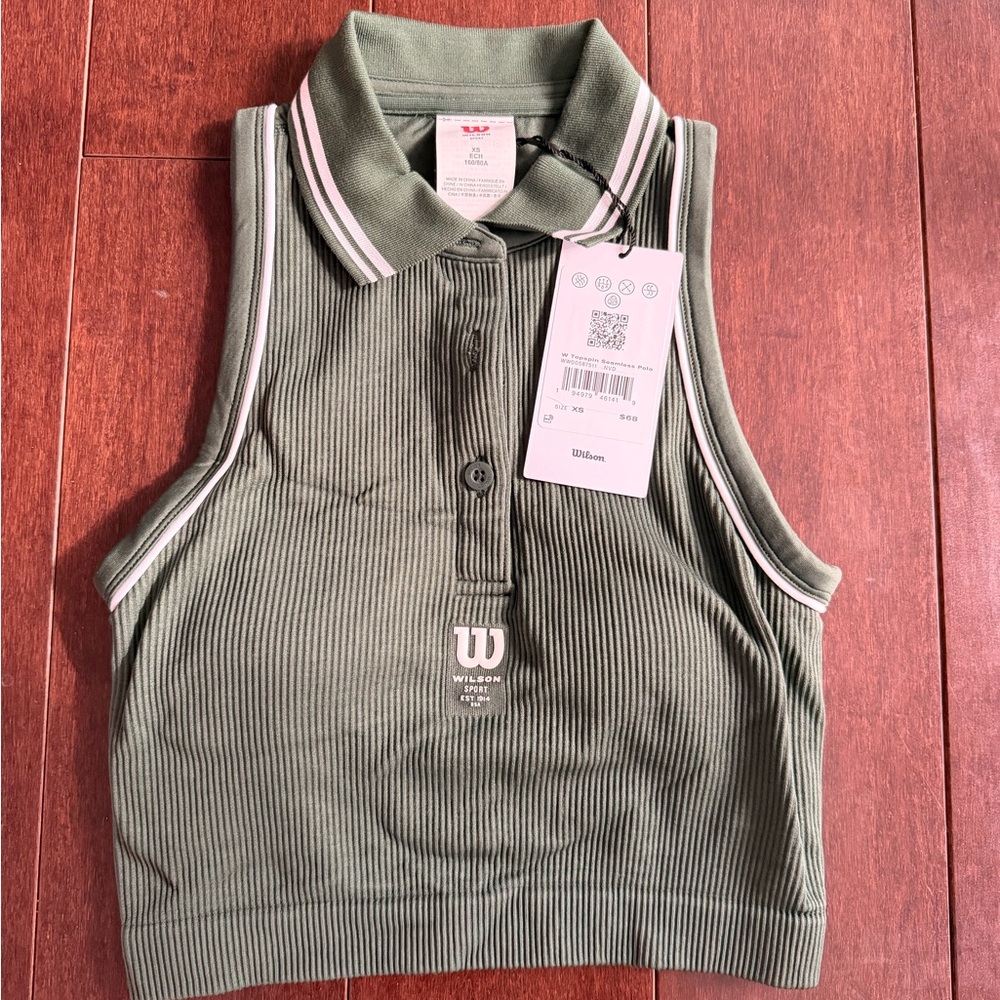 Wilson Olive Ribbed Polo Crop Tank with Pink & White Trim